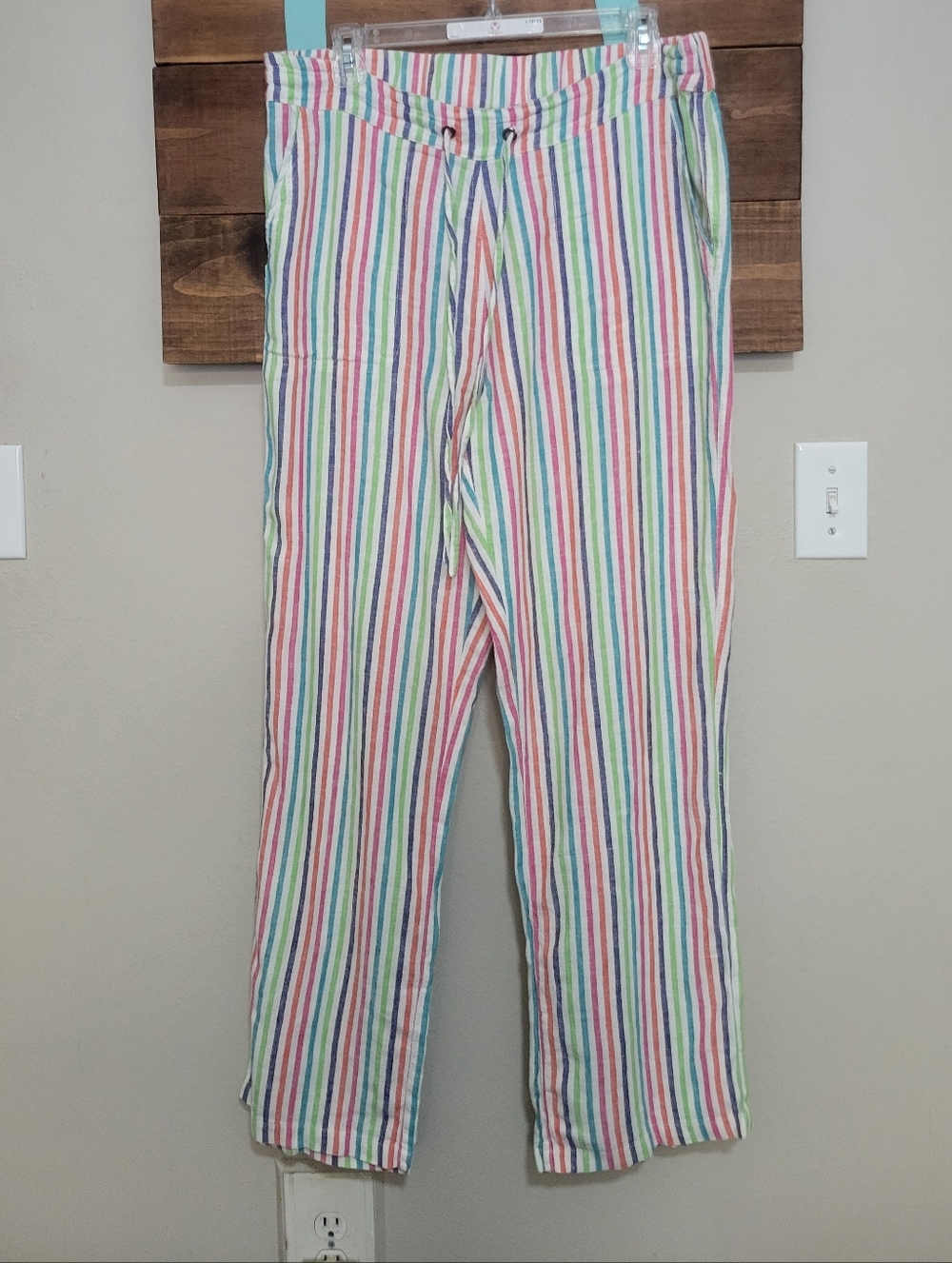 For Cynthia Colorful Striped Linen Blend Coastal Elastic Waist Lightweight Pants